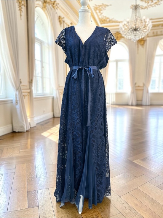 Vintage Dresses & Skirts - Navy Blue Lace V-Neck Maxi Evening Gown Dress with Satin Waist Tie 22/24